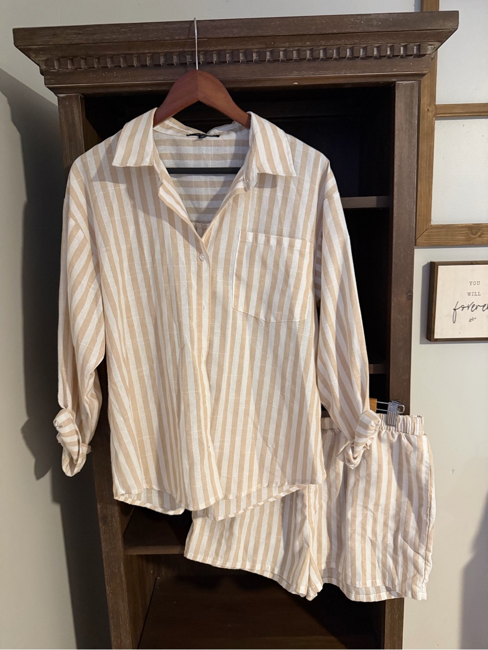 Striped Linen-Blend Button-Up Shirt & Shorts Set in Beige and White